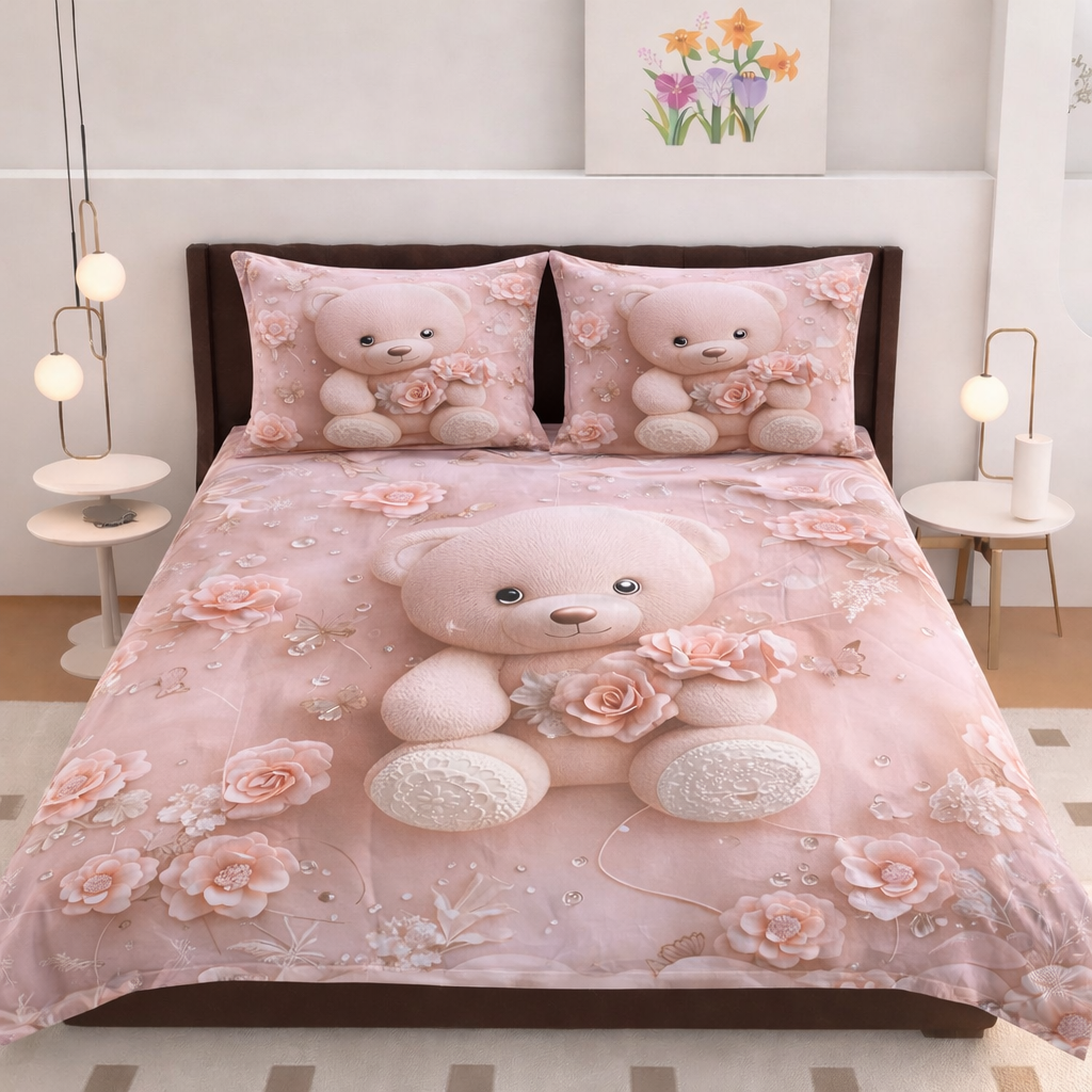 7D Teddy Bear king Size flat Bedsheet  with premium quality material